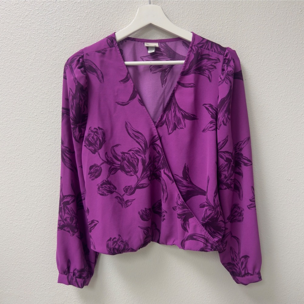 Womens Floral Wrap‎ Blouse S Purple Long Sleeve V-Neck Boho Floral Romantic Chic